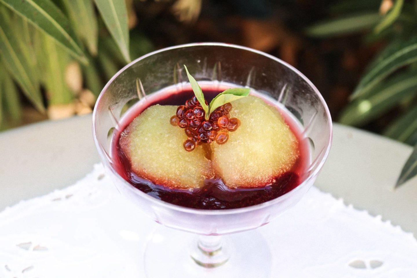 Basil sorbet with blackcurrant coulis