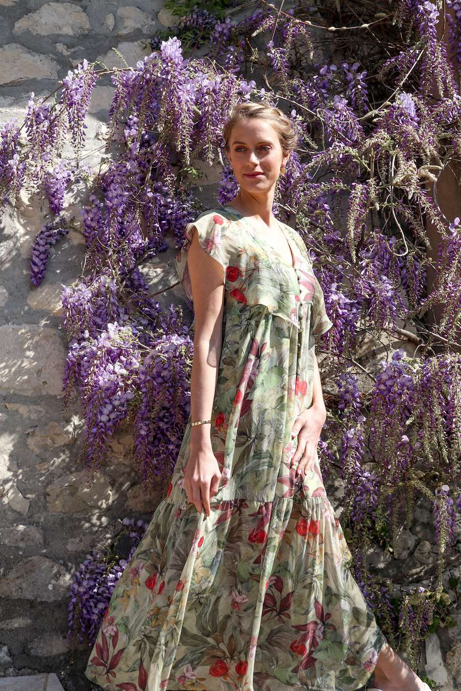 Mango dress, by spring blossoming trees