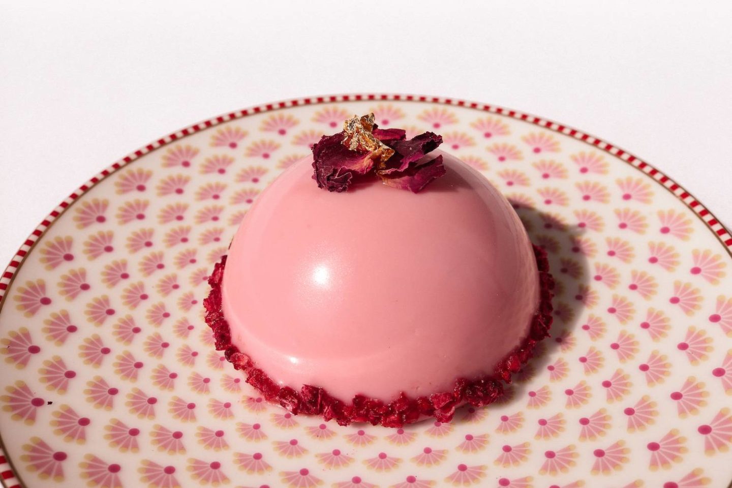 Rose & Raspberry Mousse Cake with Caramelised Pear